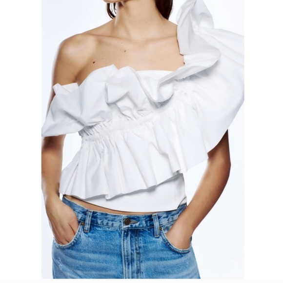NWT Zara Blogger Fav Asymmetrical One Shoulder Poplin Ruffle Top White - Picture 6 of 16